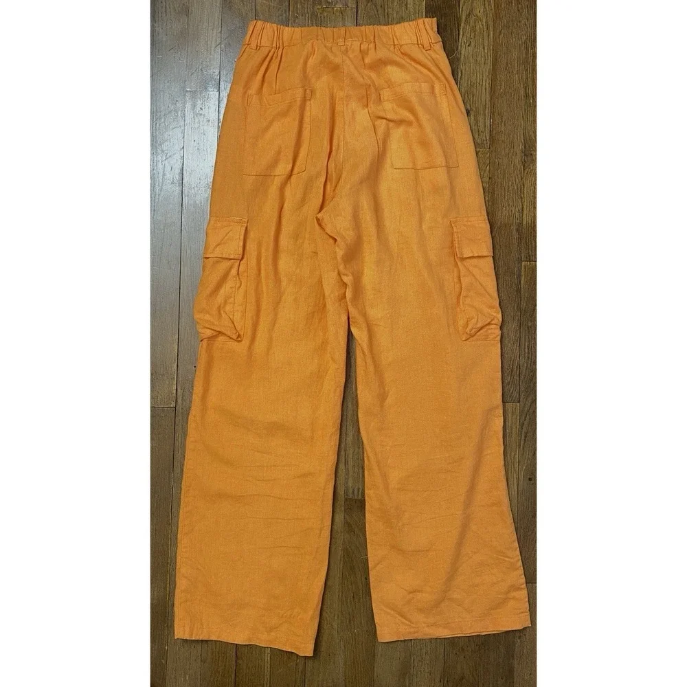 Women's Linen Blend Cargo BEACH Pants Size Medium Tangerine Lightweight Colorful